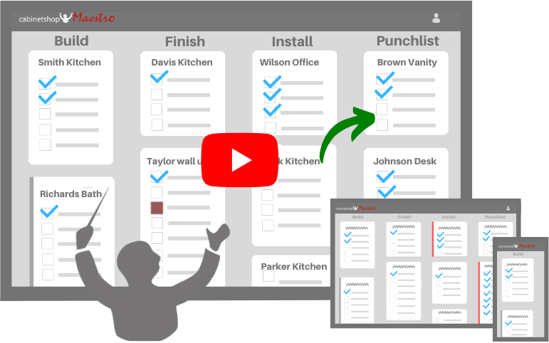 Cabinet shop software between CAD and QuickBooks: workflow board, job folder, and scheduling