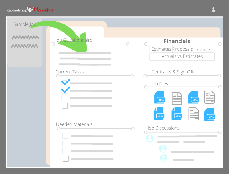 Digital job folder interface showing organized cabinet shop project