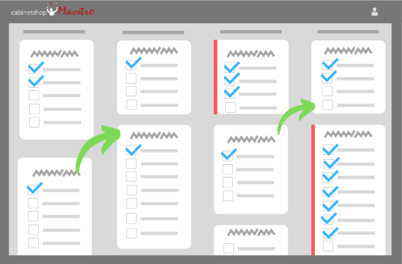 Workflow board showing cabinet jobs in different phases