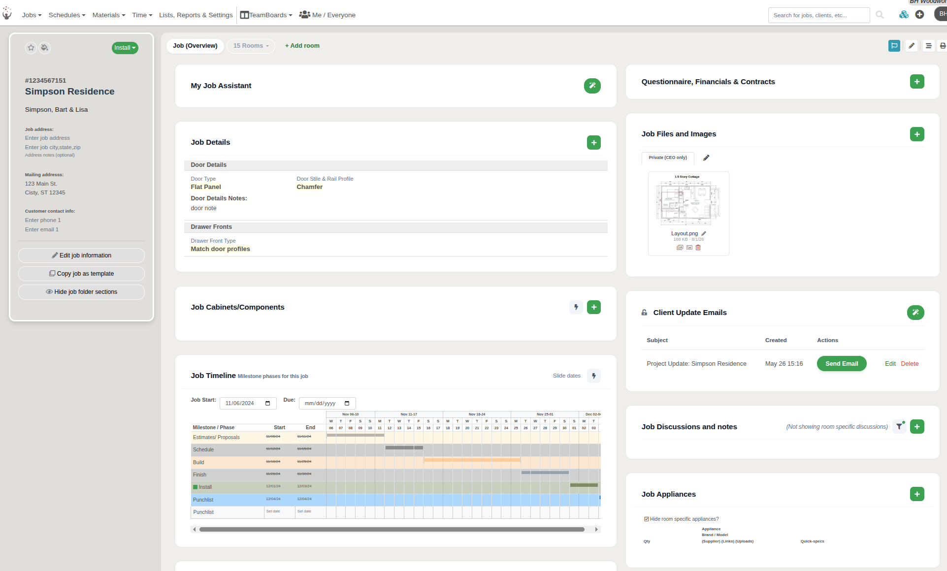 A single cabinet job record in Cabinetshop Maestro holding customer and job details, door and drawer specs, drawings and job files, client update emails, discussions, and a job timeline of milestone phases